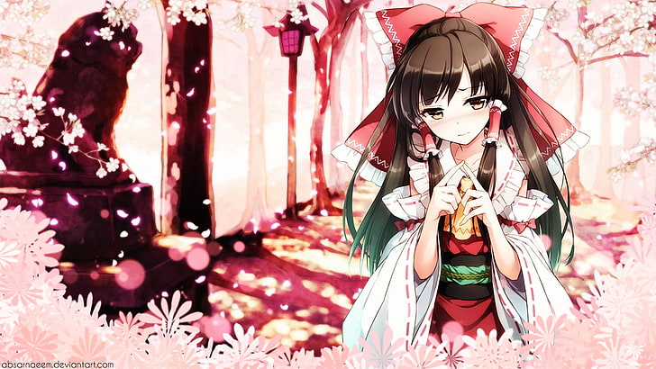 Touhou, Hakurei Reimu, anime girls, miko, blushing, brunette, cherry blossom, HD wallpaper