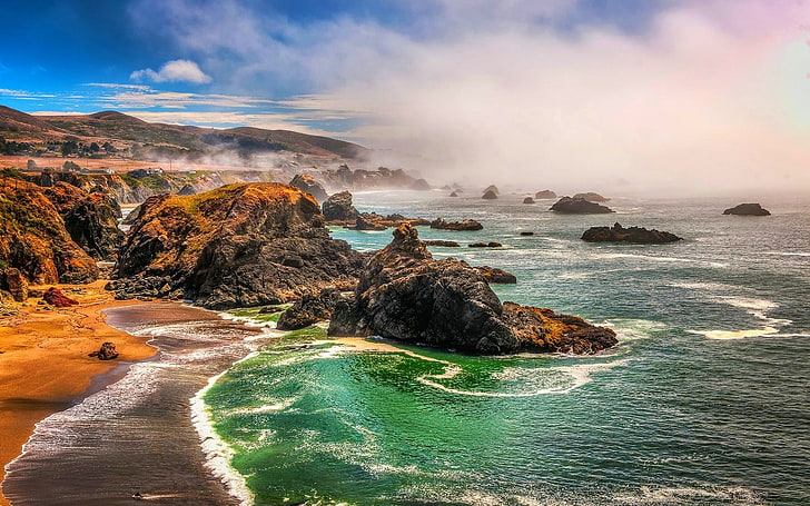 природа, пейзаж, пляж, море, скалы, побережье, туман, холмы, Калифорния, HD обои
