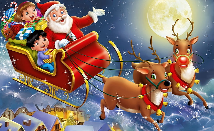 Natale, Babbo Natale, vacanze, Natale, notte, bambini, Babbo Natale, renne, Babbo Natale, bambini, Sfondo HD