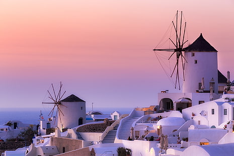 اليونان ، مطحنة ، سانتوريني ، أويا ، بحر إيجة ، طواحين الهواء، خلفية HD HD wallpaper