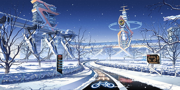 snow covered road wallpaper, seasons, winter, futuristic, Japan, Culture Japan, HD wallpaper HD wallpaper