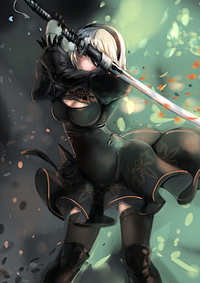 женский персонаж с мечом, аниме, аниме девушки, NieR, Nier: автоматы, короткие волосы, седые волосы, меч, катана, оружие, открытая рубашка, чулки, 2B (Nier: автоматы), HD обои HD wallpaper
