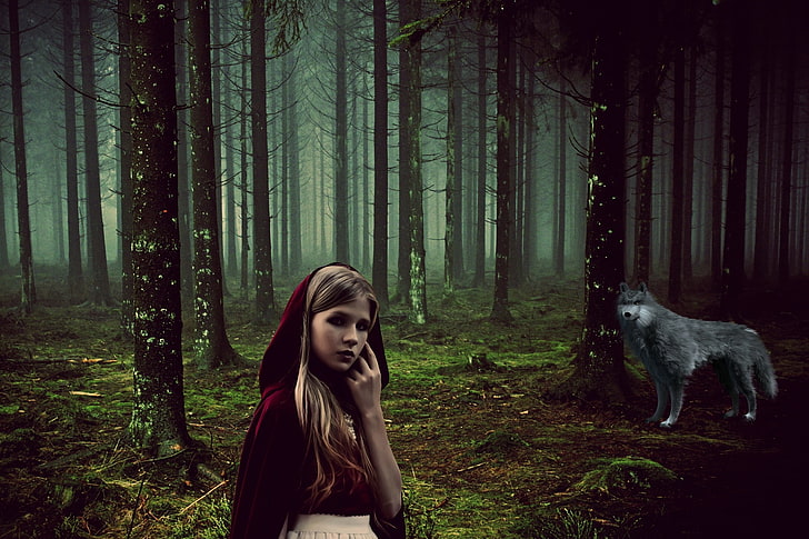 forest, women, wolf, animals, landscape, nature, blonde, HD wallpaper