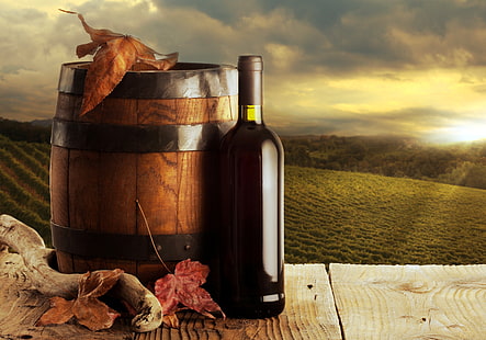 amber glass bottle and wine barrel, autumn, leaves, background, wine, red, bottle, barrel, the vineyards, HD wallpaper HD wallpaper