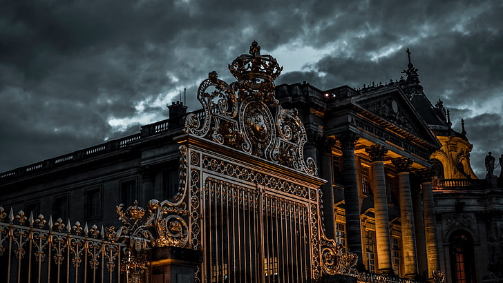 nublado, cielo, portón, nube, palacio de versalles, palacio de versalles, oscuridad, arquitectura, versalles, edificio, atracción turística, palacio, tarde, castillo de versalles, francia, ue, Fondo de pantalla HD