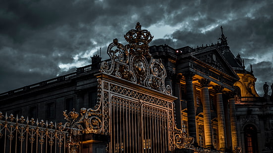 曇り、空、門、雲、ベルサイユ宮殿、ベルサイユ宮殿、暗闇、建築、ベルサイユ、建物、観光名所、宮殿、夜、ベルサイユ宮殿、フランス、 HDデスクトップの壁紙 HD wallpaper