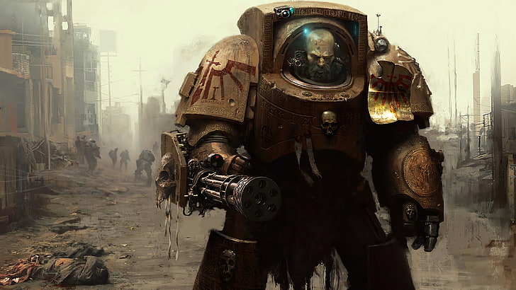 persona in sella a un film di robot, Warhammer 40.000, arte digitale, marine spaziali, Terminator, Sfondo HD