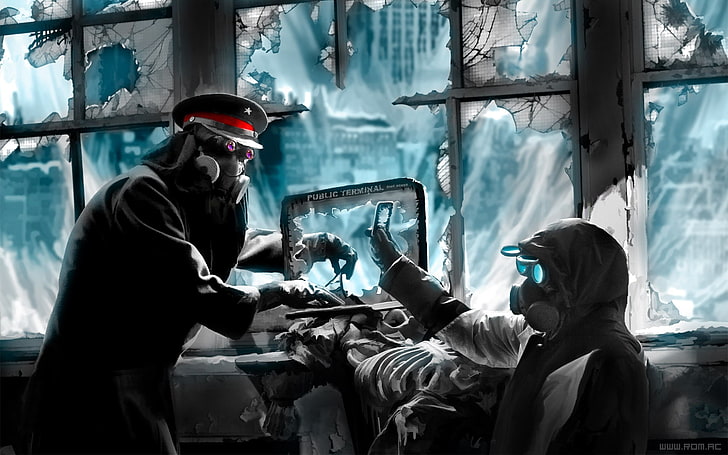 илюстрация на двама души с противогази, противогази, романтично апокалиптичен, апокалиптичен, Vitaly S Alexius, HD тапет