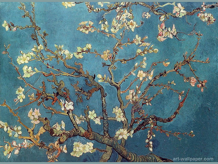 pintura com árvore em flor branca, obra de arte, flores, pintura, Vincent van Gogh, arte clássica, marca d'água, HD papel de parede