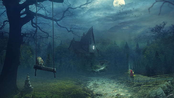 night, owl, the moon, house, bats, fairy forest, girl in a red cloak, HD wallpaper