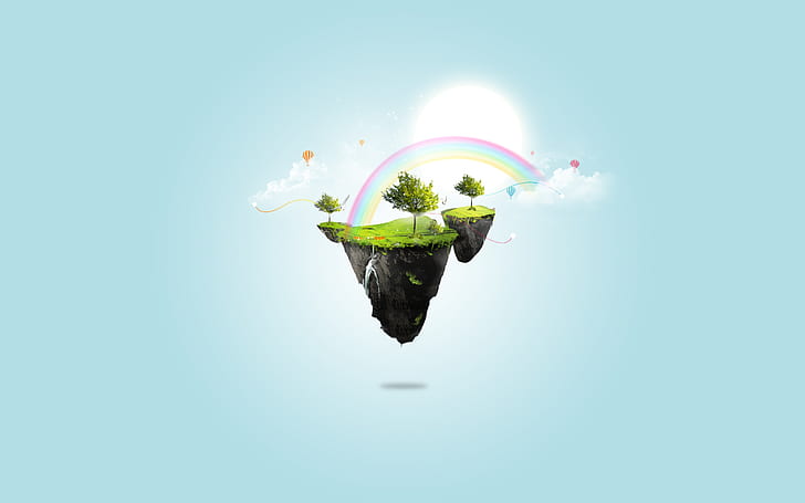 Floating Rainbow Island HD, creative, graphics, creative and graphics, rainbow, island, floating, HD wallpaper