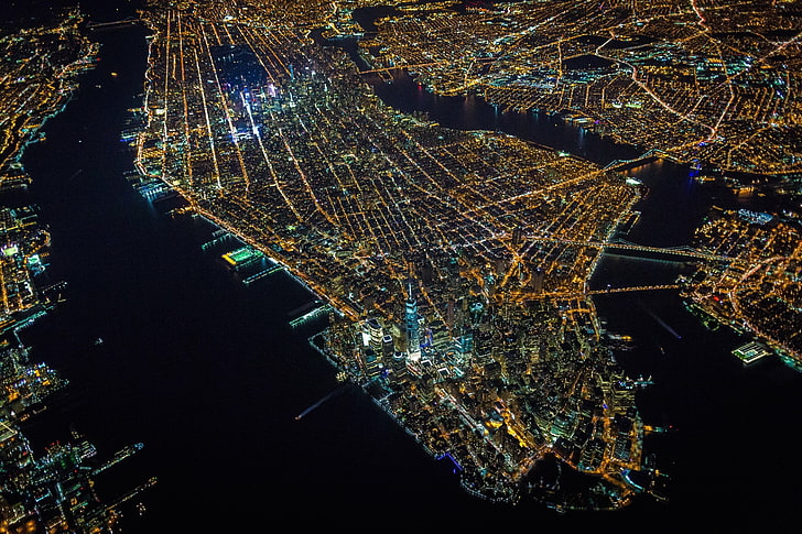 aerial photo of city, New York City, USA, night, city, island, aerial view, HD wallpaper