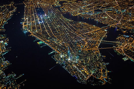 аэрофотоснимок города, Нью-Йорк, США, ночь, город, остров, вид с воздуха, HD обои HD wallpaper