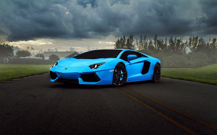 Lamborghini, Aventador, суперавтомобил, син, син Lamborghini Aventador, облаци, Lamborghini, син, hq, суперкар, Aventador, HD тапет