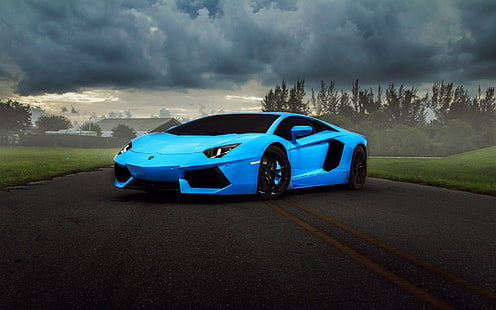 Lamborghini, Aventador, supercar, blue, blue lamborghini aventador, clouds, Lamborghini, blue, hq, supercar, Aventador, HD wallpaper HD wallpaper