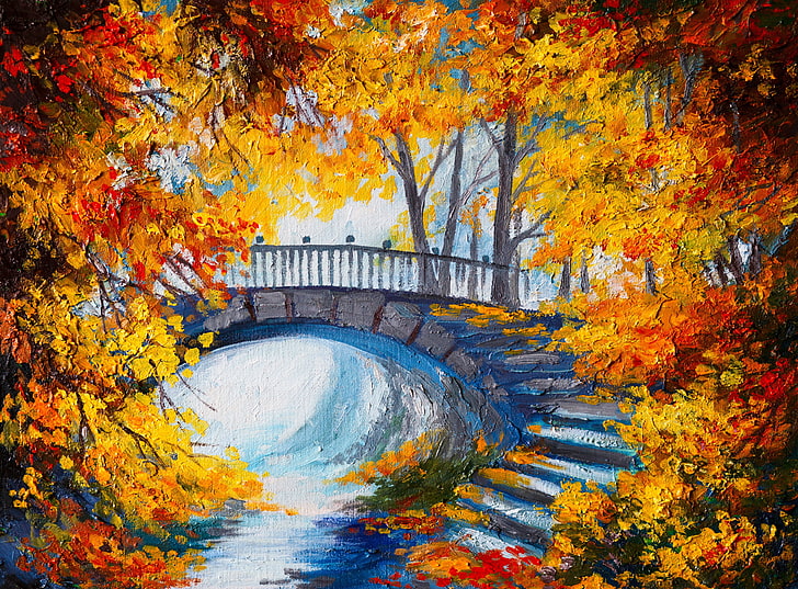 plant against bridge painting, autumn, trees, steps, color, the bridge, bridge, time of the year, stairs, seasons, HD wallpaper