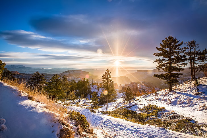 schneebedecktes Land, Sonnenlicht, Winter, Landschaft, Schnee, HD-Hintergrundbild
