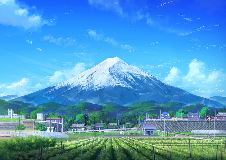Anime, oryginał, budynek, chmura, pole, góra Fuji, góra, sceneria, niebo, Tapety HD