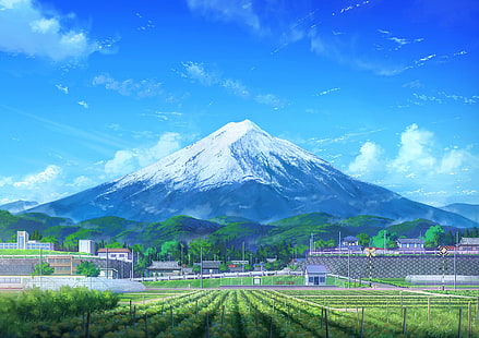 Аниме, оригинал, сграда, облак, поле, планина Фуджи, планина, пейзаж, небе, HD тапет HD wallpaper
