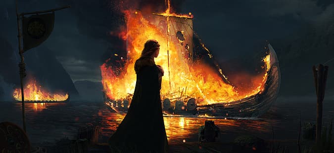 arte, Vikings, fogo, navio, barcos, HD papel de parede HD wallpaper