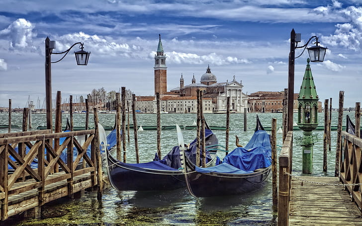 Venice, gondola, city, two black kayak boat, Venice, gondola, city, HD wallpaper