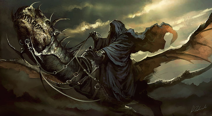 ilustracja szarego smoka, Władca Pierścieni, sztuka fantasy, Nazgûl, Witchking of Angmar, dzieło sztuki, malarstwo, stwór, Tapety HD