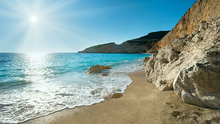 海辺と波、茶色の岩の形成、風景、ビーチ、砂、波、水、岩、 HDデスクトップの壁紙