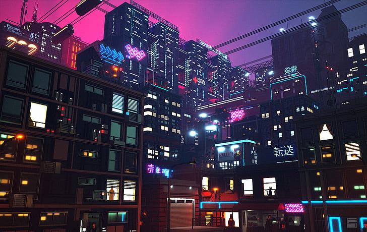 digital, digital konst, konstverk, konceptkonst, stad, stadsbild, neon, ljus, neonljus, urban, byggnad, arkitektur, glödande, voxels, synthwave, futuristisk, futuristisk stad, cyberstad, cyberpunk, stadsljus, Sergey Munin, HD tapet