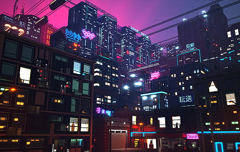 cyfrowy, sztuka cyfrowa, dzieło sztuki, grafika koncepcyjna, miasto, pejzaż miejski, neon, światła, światła neonowe, miejski, budynek, architektura, świecące, woksele, synthwave, futurystyczne, futurystyczne miasto, cyber miasto, cyberpunk, światła miasta, Sergey Munin, Tapety HD HD wallpaper