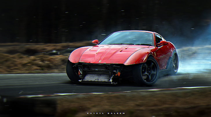 cupé rojo, coche, postura, deriva, futurista, Ferrari 599, Khyzyl Saleem, Fondo de pantalla HD