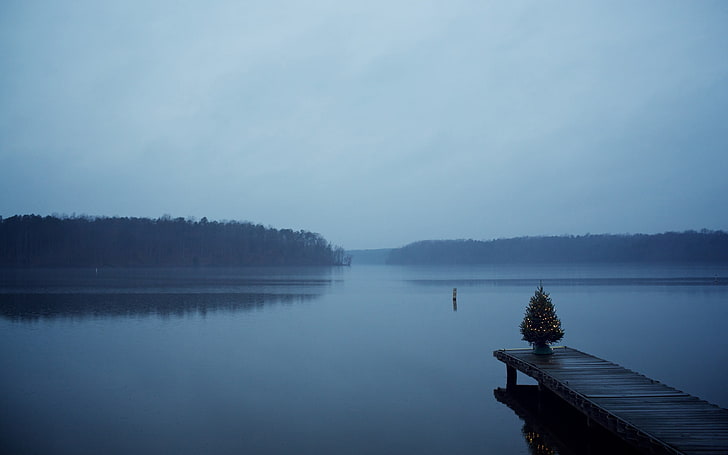 brown wooden dock, Christmas, lake, water, HD wallpaper