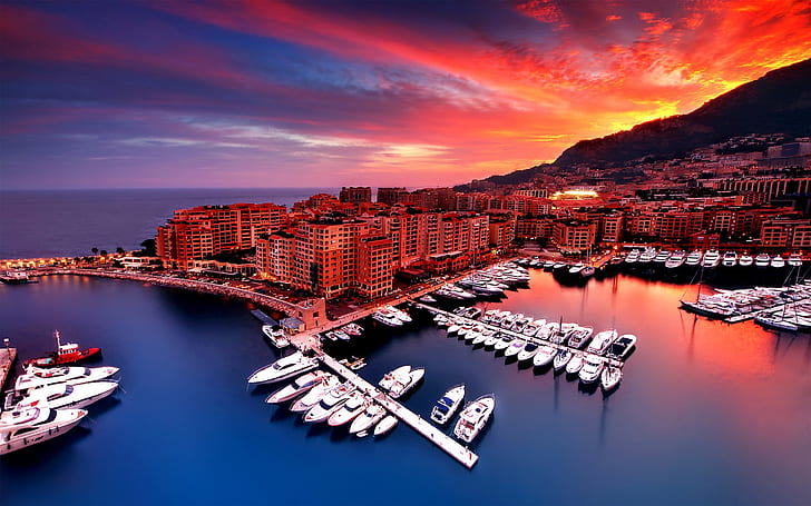 モナコ、日没、都市、家、湾、ボート、ドッキングモーターボート、モナコ、日没、都市、家、湾、ボート、 HDデスクトップの壁紙
