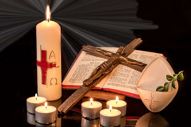 burn, burning candles, candlelight, candles, christian, cross, easter, easter candle, faith, font alpha, font omega, holy water boiler, hope, jesus on the cross, light, lights, palm branch, prayer books, religion, HD wallpaper