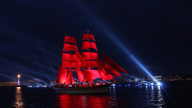 กลางคืน, เรือ, เซนต์ปีเตอร์สเบิร์ก, ใบเรือสีแดง, งานพรอม, วอลล์เปเปอร์ HD
