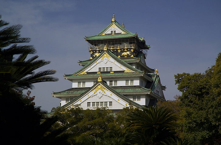 papier peint maison blanche et verte, osaka, château, japon, Fond d'écran HD