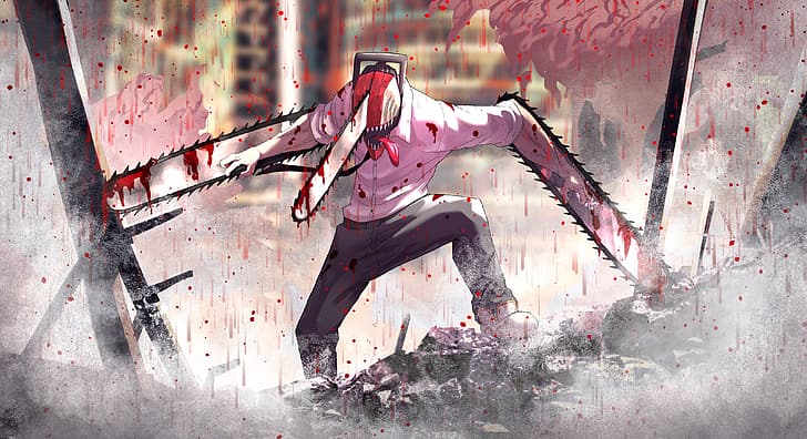 Chainsaw Man, Denji (Chainsaw Man), Kettensägen, Blut, blutbedeckter Körper, Ruinen, HD-Hintergrundbild