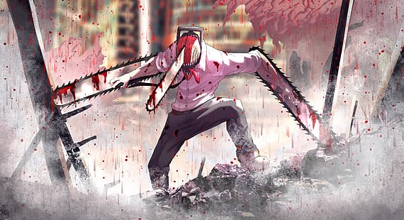 Chainsaw Man, Denji (Chainsaw Man), Kettensägen, Blut, blutbedeckter Körper, Ruinen, HD-Hintergrundbild HD wallpaper