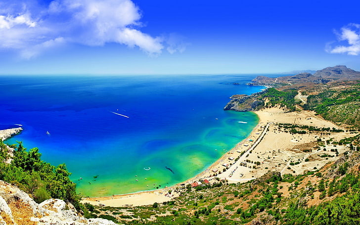 lukisan abstrak biru dan hijau, alam, Rhodes, pulau, pantai, Wallpaper HD