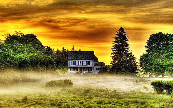 Simply Beautiful, white and black two stories house in green trees and green grass field, view, lovely, foggy, orange, grass, beautiful, sunset, architecture, trees, house, peaceful, HD wallpaper