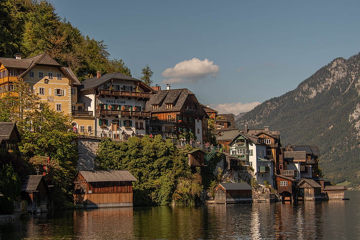 Wasser, Berge, See, Zuhause, Österreich, Hallstatt, Hallstättersee, HD-Hintergrundbild