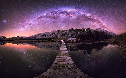 montaña gris al lado del cuerpo de agua, naturaleza, paisaje, Nueva Zelanda, lago, montañas, Vía Láctea, larga exposición, pasarela, noche estrellada, reflexión, arbustos, Fondo de pantalla HD HD wallpaper