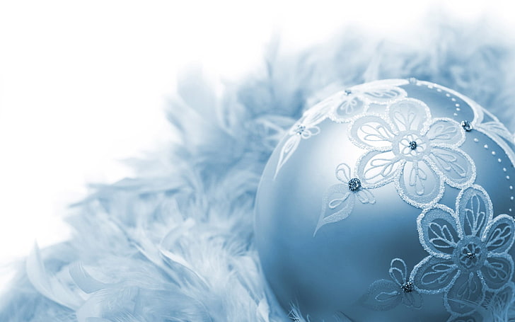 white and blue floral textile, holiday, Christmas ornaments, HD wallpaper