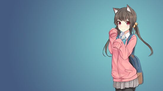 Ilustração de personagem de anime de mulher de cabelo preto, anime, garotas de anime, garota gato, uniforme escolar, orelhas de animais, personagens originais, HD papel de parede HD wallpaper