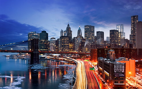 مدينة أمريكية ، نيويورك ، مانهاتن ، نيويورك ، مانهاتن ، الأضواء ، الشتاء ، المساء ، مدينة الولايات المتحدة، خلفية HD HD wallpaper