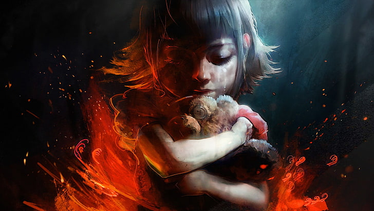 girl hugging peluche jouet peinture, League of Legends, Annie (League of Legends), concept art, Fond d'écran HD