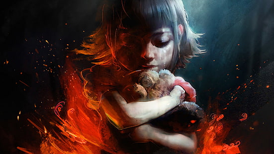 girl hugging plush toy painting, League of Legends, Annie (League of Legends), concept art, HD wallpaper HD wallpaper