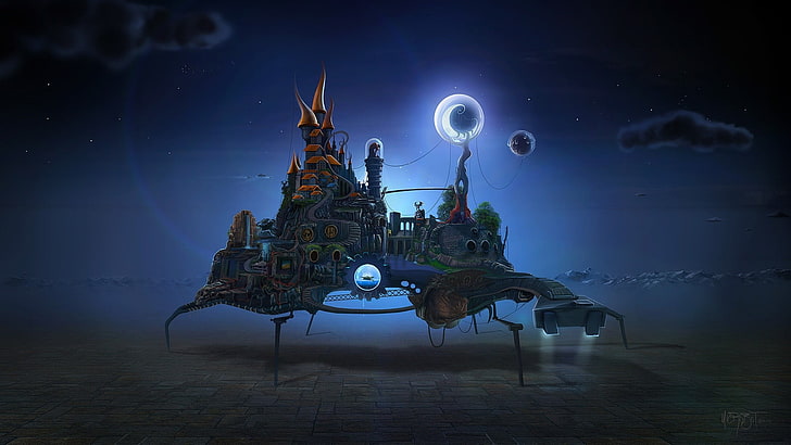 blue castle illustration, fantasy art, surreal, clouds, tower, stairs, sphere, lights, house, ropes, bricks, David Fuhrer, night, Moon, castle, gears, waterfall, artwork, HD wallpaper