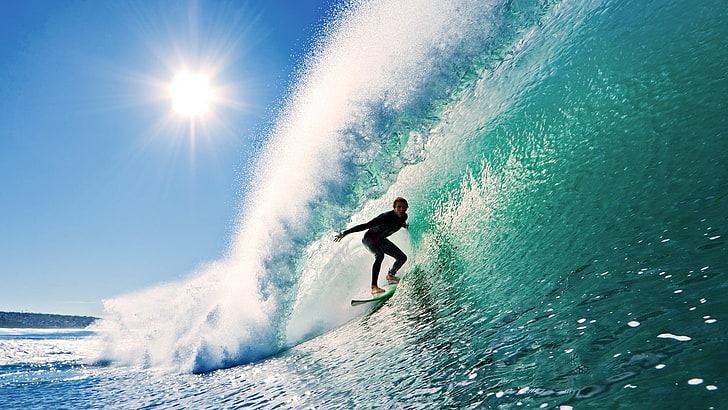 white surfboard, surfing, wave, sun, sky, HD wallpaper