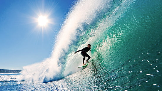 biała deska surfingowa, surfing, fala, słońce, niebo, Tapety HD HD wallpaper