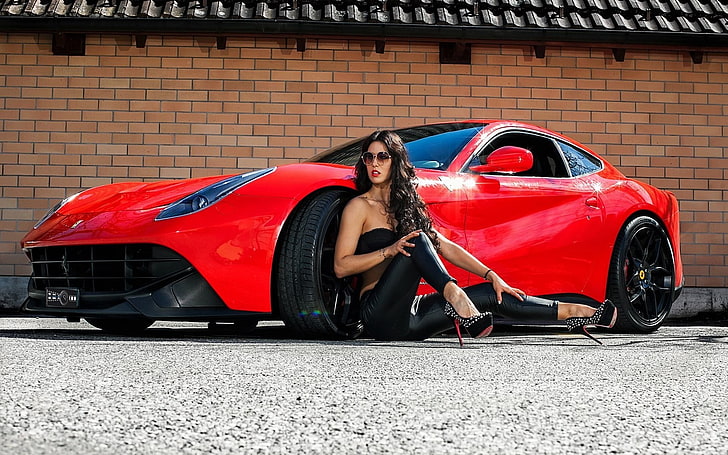 red Ferrari sports car, women, Ferrari, car, brunette, high heels, Super Car, women with cars, red cars, women with glasses, vehicle, HD wallpaper